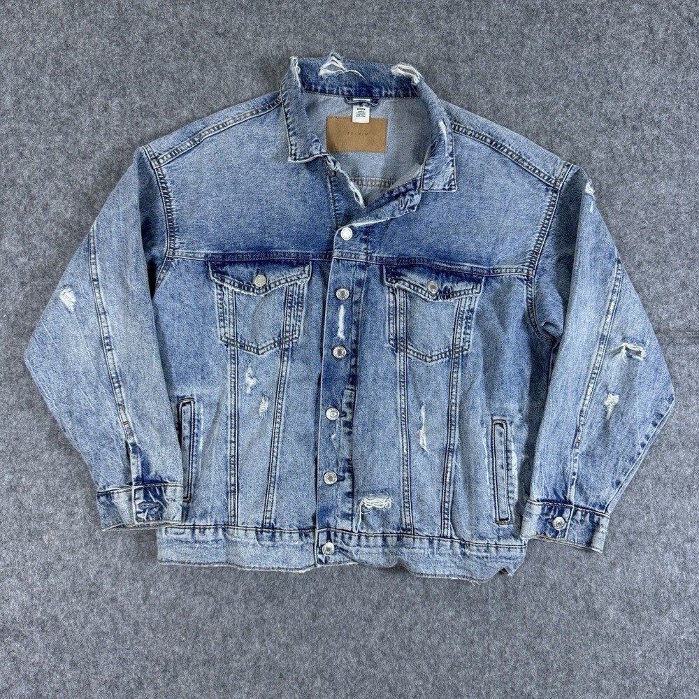 &Denim Denim Trucker Jacket Mens Small Long Sleeve Blue Stone Distressed Pockets